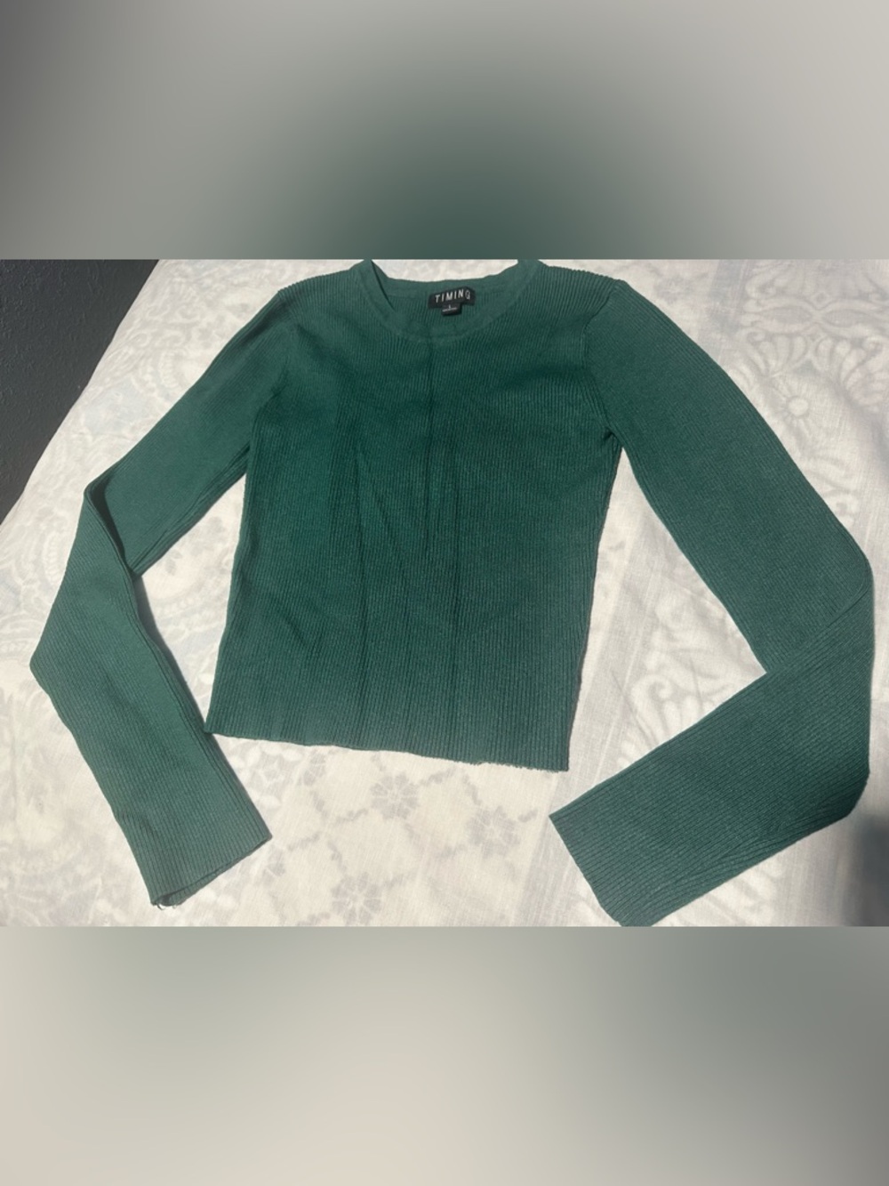 TIMING Deep Green Ribbed Crewneck Long Sleeve stretch Top